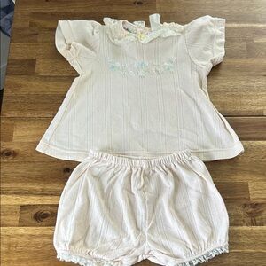 Vintage Baby Girl Knit Top & Bloomers Set - Pale Pink Lace Trim